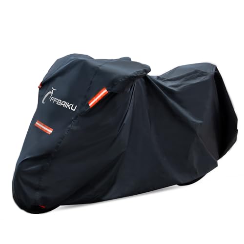 OFFBAIKU バイクカバー 【革新版＆防犯強化＆反射シート5枚付】スクーターカバー 耐熱 防水/撥水加工 蒸れない 色褪せない オートバイカバー ワンタッチバックル前後付き 反射テープあり 裾を絞るゴム ポリエステルオックス生地 中型/大型バイク対応 ブラック（XL：220*95*110） 画像1