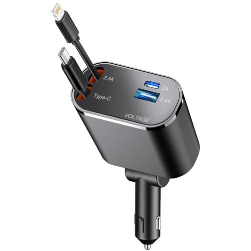 【2025年新進化 総139W・急速充電】シガーソケット USB 車 充電器 巻き取り式 4 in 1 カーチャージャー 4台同時使用 ケーブル 2本 Type-C/Lightning DC12/24V 車対応 多機種に対応 車載 カー用品 車用品 コンパクト（グレー） 画像1