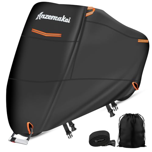 Anzentakai バイクカバー 500D 厚手【2025年 耐久性アップ】 耐水圧20000mm 車体カバー 湿気対策 耐熱 防水 風飛び防止 チェーンホール付き 2.5m防風ベルト付き 収納バッグ付き 警告反射テープあり 超撥水 紫外線防止 バイク用レインカバー スクーター/原付/125cc/250cc用/400cc用 画像1