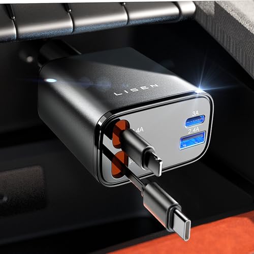 LISEN 4in1 車 充電器 シガーソケット USB-C 巻き取り式 69W しがーソケット USB 急速充電 PD/QC/PPS対応 80cmまきとり充電ケーブル お歳暮ギフトカーチャージャー カー用品 便利グッズ 車内 ハイエース ジムニー アクセサリー iPhone 17/16/15/14/13 Galaxy S25 Pixel iPad Switch2 対応 12V/24V両対応 画像1