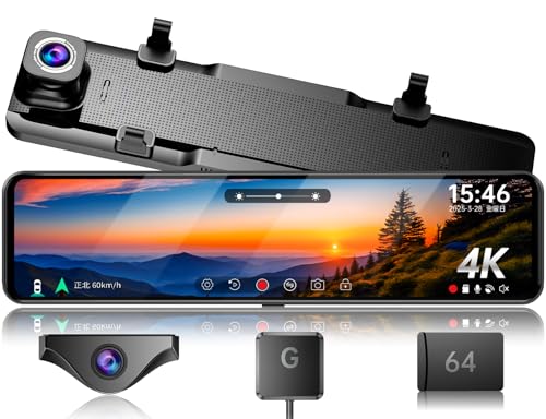 JADO ドライブレコーダー ミラー型 4K 12インチ ドラレコ 前後カメラ リアカメラズーム機能搭載 デジタルインナーミラー IMX415センサー HDR/WDR搭載 夜間撮影 Type-C電源 駐車監視 タイムラプス 170°超広角 地デジ干渉対策済み LED信号機対応 64GBメモリーカード付き G850-ST 画像1