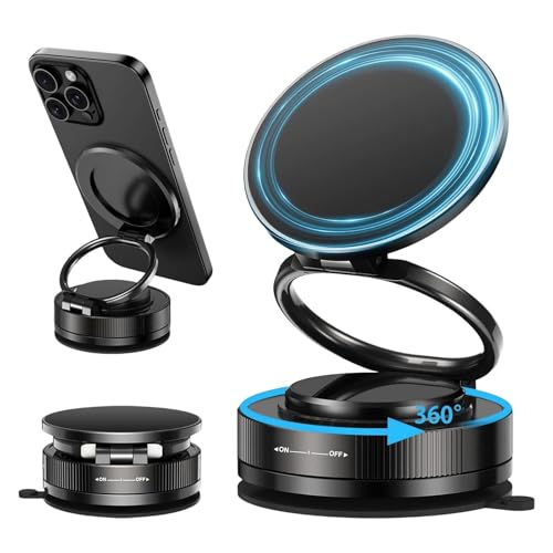 EvoAce スマホホルダー 車 マグネット【真空ゲル吸盤+超強力N55磁石】マグセーフ対応 車載スマホスタンド 360°多角度調節&片手操作 折りたたみ式 高級アルミ合金製 iPhone&Android全機種対応 多車種が対応 車用品 安定吸着 安定感 1秒着脱 磁気式 カー用品 日本語説明書（ブラック） 画像1
