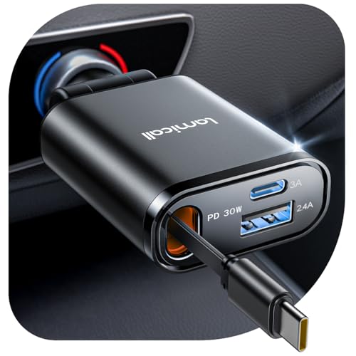 【超Ｍiniサイズ】2025 Lamicall 車充電器 巻取り式 シガーソケット：タイプC PD30W/PPS対応 急速 総57Ｗ 3in1 車載充電器 12/24V車対応 3台同時可能 75ｃｍ Type-C ケーブル iPhone Air,17,17 Pro,17 Pro Max/16/15シリーズ iPad/android/Apple Watch USB-C 高温/電流/電圧保護 ブラック 画像1