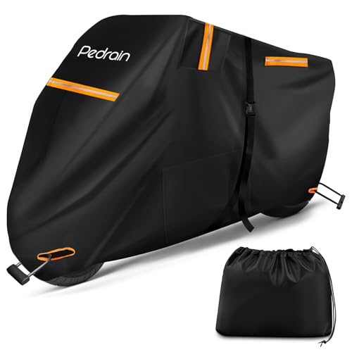 Pedrain バイクカバー【2025革新 一体型収納】50cc 125cc 250cc 400cc 大型 300D厚手 耐熱 2.5m延長防風ベルト 防水 防雪 破れにくい 紫外線99%カット 色褪せない 蒸れ/錆び防止 錆びにくい 警告反射テープ 原付 バイク車体カバー 前後ロック穴対応 盗難防止（220㎝まで） 画像1