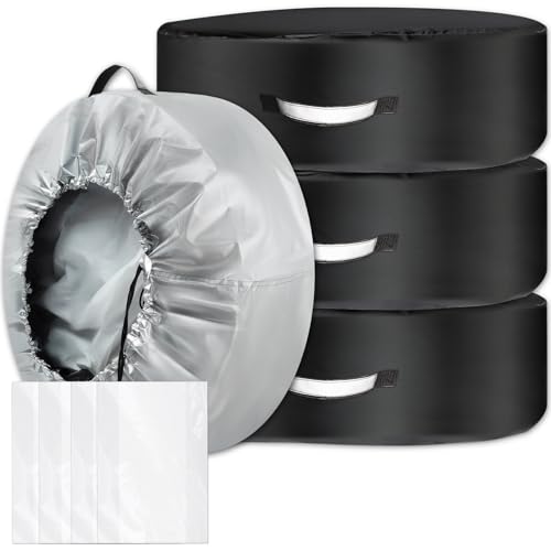 SUPTEMPO タイヤカバー 4本 屋外 防水 420D タイヤ袋 4枚付き 両面利用可能 タイヤ収納 夜間反射 取手付き 紫外線カット 劣化 汚れ防止 厚手 タイヤトート タイヤ保管カバー - L(80*40cm) 画像1