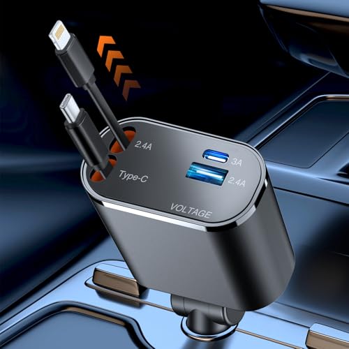 【2025年新進化 100W・急速充電】シガーソケット USB 車 充電器 巻き取り式 4 in 1 カーチャージャー 4台同時使用 ケーブル 2本 Type-C/Lightning DC12/24V 車対応 多機種に対応 車載 カー用品 車用品 コンパクト (ブラック) 1枚目 画像