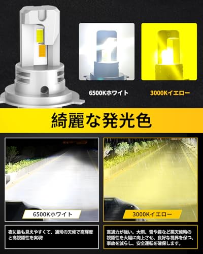 AUXITO h4 led ヘッドライト 2色切り替え LO ホワイト（6500K） HI イエロー（3000K ） h4 led ライト 4倍明るさUP 車検対応 DC12V-18V 車用/バイク用 無極性 取り付け簡単 キャンセラー内蔵 三重放熱デザイン 50000h 長寿命 2個セット 中間 画像