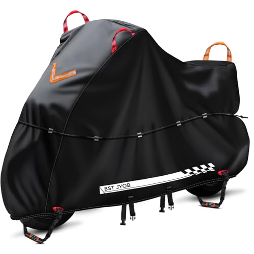 Bst Jyob バイクカバー 500D厚手 防水【独自の腰紐付き・風飛び完全防止】 ロック穴前後対応 反射材 二重防風ベルト UVカット オックス生地 盗難防止 防雪 防塵 収納バッグ付き（2XL、ブラック） 画像1