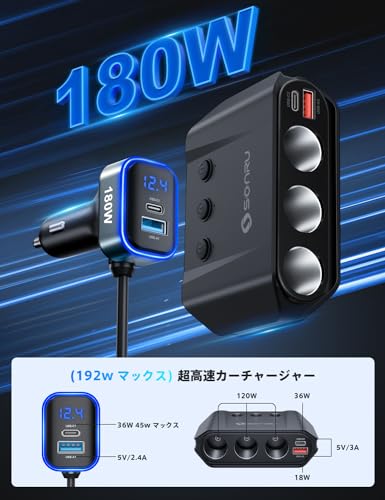 2025進化モデル SONRU 7 in 1 シガレットライタースプリッター、180W [デュアルPD & QC 3.0] カーチャージャーアダプター、12V/24V カーUSBアダプター マルチソケット 電圧計付き 急速充電 iPhone 16/15/14 Samsung Galaxy ノートパソコン カーデバイス用 中間 画像
