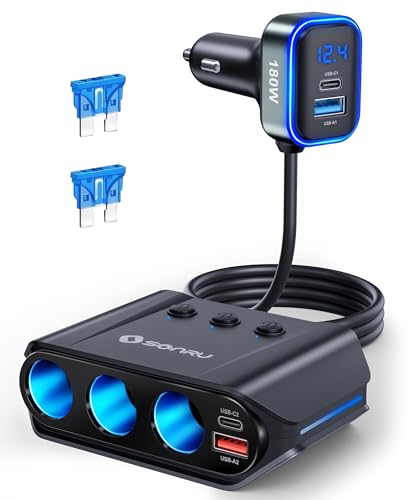 2025進化モデル SONRU 7 in 1 シガレットライタースプリッター、180W [デュアルPD & QC 3.0] カーチャージャーアダプター、12V/24V カーUSBアダプター マルチソケット 電圧計付き 急速充電 iPhone 16/15/14 Samsung Galaxy ノートパソコン カーデバイス用 画像1