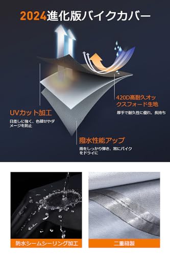 バイクカバー 420D厚手 【2024年新版&両側通気口】 車体カバー 防水 耐熱 オートバイカバー 警告反射テープ5枚 盗難防止ロック穴 ワンタッチバックル前後付き 裾を絞るゴム 超撥水 紫外線防止 UVカット 防風 防埃 防雨 防雪 バイク用レインカバー 150cc ~ 400cc 収納バッグ付き XL 中間 画像