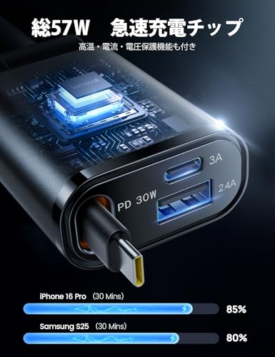 【2025超小型巻取り式】Lamicall シガーソケット 車 充電器:57W 急速 3in1 車載充電器 PD30W/PPS対応 12/24V車対応 3台同時可能 75cm Type-C ケーブル iPhone Air,17,17 Pro,17 Pro Max/16/15シリーズ iPad/android/Apple Watch対応 カーチャージャー 高温/電流保護 旅行 出張 グレー 中間 画像