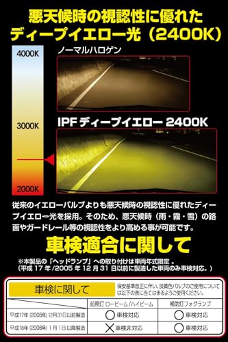 IPF ヘッドライト フォグランプ ハロゲン 車用 H16 2400K イエロー 黄色 12V用 2本入 車検対応 霧・雪・悪天候に強い XY16 最後 画像