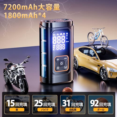 Philoent 自転車 空気入れ 電動空気入れ 【新モデル 超小型 10倍速高速充填 】7200mAh エアポンプ 自動停止 空気圧指定可 充電式 コードレス 小型 仏/英/米式バルブ対応 最大圧力150PSI SOS/LED懐中ライト USB-C 急速充電 自転車/自動車/ボール/浮き輪/バイク対応 日本語説明書付き 中間 画像