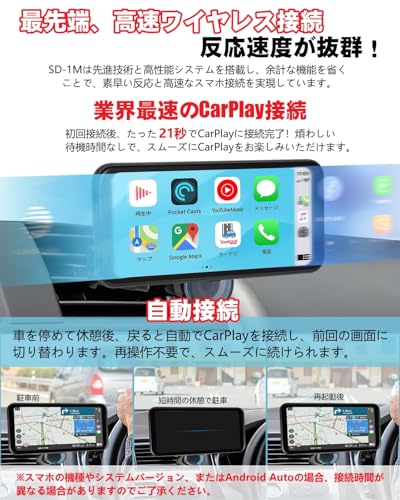 【超軽量+取付簡単】ニコマク NikoMaku ポータブル ディスプレイオーディオ Carplay スマートディスプレイ カーナビ SD-1M エアコン吹き出し口ホルダー付 Android Auto対応 高速接続 車載モニター タッチスクリーン AirPlay/Android Castミラーリング対応 BT/FM/AUX音声出力 日本語説明書付き 中間 画像