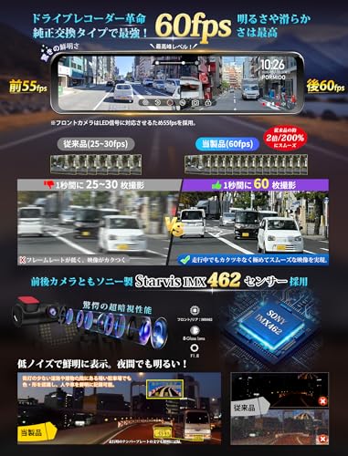PORMIDOAUTOドライブレコーダーミラー型【史上最強スペック:前後カメラ60fps・ソニー製IMX462センサー/11インチ爆光液晶・自動輝度調整】最完璧のデジタルインナーミラー純正交換型:配線隠し/一本のみ・60FPS滑らか録画・夜間撮影性能向上・昼間でもハッキリ スモーク車対応 ズーム 駐車監視 3軸Gセンサー 分離式 GPS内蔵 HDR/WDR LED信号機【PRD8XC】 中間 画像