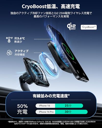 ESR OmniLock Qi2.2認証 25W充電 magsafe 車載ホルダー【冷却機能付き CryoBoost搭載】2025新登場 高速充電 改良クリップ 損傷防止ロック スマホホルダー 車 スマホ冷却 360°回転可能 自由調節 車載スマホホルダー 高級合金素材 安定性拔群 マグネット いphone17 iPhone16 シリーズ（ iOS 26バージョン以降） 中間 画像