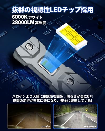 Marsauto HB3 9005 LED ヘッドライト 爆光 28000LM 車検対応 ledヘッドライト ハイビーム ハロゲンサイズ 6000K ホワイト 高輝度12V 無極性 IP68防水 車 ライト 静音 ファンレス 長寿命 M1S-HB3/9005 中間 画像