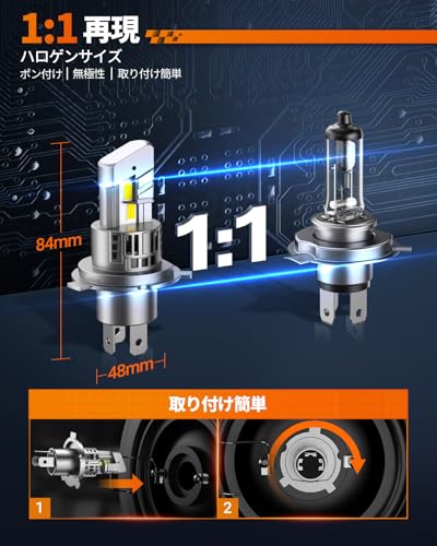 SEALIGHT 高輝度H4 LEDヘッドライト【30000LM・6500K・50W】 32連7535 CSP Hi/Lo切替 LEDチップ キャンセラー内蔵 DC9V-16V 車検対応 1:1サイズ 無極性&ポン付け 三重放熱 60000時間長寿命 IP67防水 車/バイク 2個入り 2年保証 S1pro-H4 中間 画像