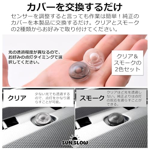 【SunSlow】 オートライトセンサー カバー トヨタ ダイハツ用 18mm 2色セット 【感度を調整して無駄なライトの点灯を防ぐ!】 内張り剥がし 工具付き 汎用 (トヨタ、ダイハツ用, スモーク、クリア 2色セット) 中間 画像