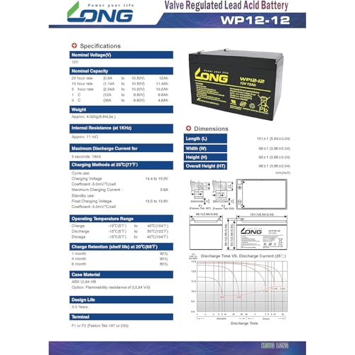 ロング (KUNG LONG BATTERIES) 産業用鉛蓄電池 (12V-12Ah) PE12V12/互換 (標準系) WP12-12 中間 画像