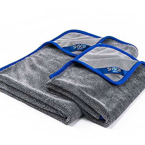 SHSCLY マイクロファイバー 洗車 タオル 大判 超 吸水 拭き上げ専用ドライヤー クロス 厚手 ツイストパイル (グレー 青縁 74x84cm/50x60cm 各1枚ずつ、計2枚セット) 画像1