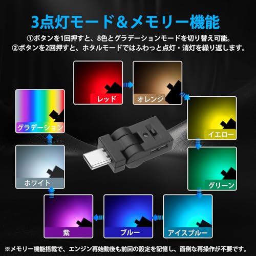 Virauto Type-C usb led 車内ライト 8色 照射方向切替 180°首振り 自動点灯&メモリー機能付き 3点灯モード 調光可能 ミニライト アンビエントライト イルミネーション シガーソケット センター コンソール シガーソライト スイング 小型 軽量 簡単取付 アクセサリー カー用品 2個入り 中間 画像