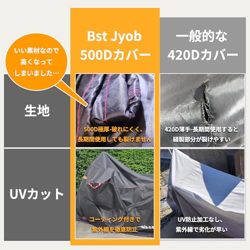 Bst Jyob バイクカバー 500D厚手 防水【独自の腰紐付き・風飛び完全防止】 ロック穴前後対応 反射材 二重防風ベルト UVカット オックス生地 盗難防止 防雪 防塵 収納バッグ付き（2XL、ブラック） 最後 画像