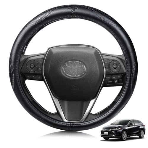 ElitingCar トヨタ に適用 ハリアー 対応 ハンドルカバー 高級本革 ステアリングカバー ロゴあり おしゃれなデザイン 透湿性あり 耐摩耗性 防水仕様 汚れ防止 滑り止め 通気性優れ３Ｄグリップ 専車ロゴ オールシーズン対応 耐老化性強化 簡単取付 内装パーツ 車パーツ ドレスアップ 円形 ブラック (37.5 センチメートル) 画像1