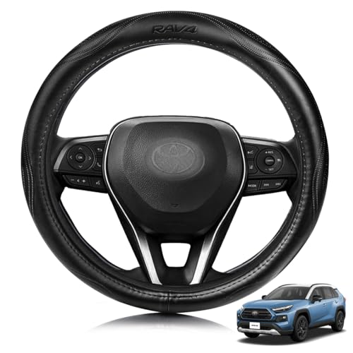 ElitingCar トヨタ に適用 RAV4 対応 ハンドルカバー 高級本革 ステアリングカバー おしゃれなデザイン 透湿性あり 耐摩耗性 防水仕様 汚れ防止 滑り止め 通気性優れ3Dグリップ 専車ロゴ オールシーズン対応 耐老化性強化 簡単取付 内装パーツ 車パーツ ドレスアップ 円形 ブラック 1PCS (37.5 センチメートル) 1枚目 画像