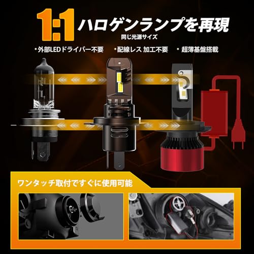 WAIXINGREN H4 LEDヘッドライト 爆光 LEDバルブ 8倍明るさ Hi/Lo 26000LM 6500K ホワイト 高輝度 LEDチップ搭載 H4 LED ライト 車検対応 ヘッドライトバルブ ハロゲンサイズ DC12V-16V 四重放熱 冷却ファン IP68防水 ノイズ対策 キャンセラー内蔵 2個入り 2年保証 中間 画像