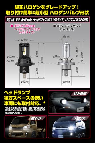 【Amazon.co.jp 限定】 M's Basic by IPF ヘッドライト フォグランプ LED 車用 H4 Hi/Lo切替 4000lm/3200lm 4000K 温白色 12V用 2本入 車検対応 ドライバーユニット一体型 冷却ファン内蔵 ハロゲンサイズ型 取付簡単 アシンメトリートップシェード 空冷技術LACH採用 キレイなカットライン AMZ-HFE142 中間 画像