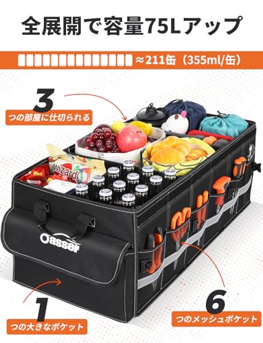 Oasser トランクボックス 車用収納ボックス 75L大容量 折りたたみ可能 蓋付き トランク ラゲッジルーム 収納 車用 収納ケース 最後 画像
