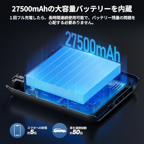 JESIMAIK ジャンプスターター GK03 業界初【ナトリウム電池搭載】リチウムバッテリー無し 燃えない 高安全性 27500mAh/88Wh大容量 2000Aピーク電流 PD60W急速充電 車緊急始動 12V車用 8.0Lガソリン/5.0Lディーゼル車対応 50回連続始動可能 10年以上超長寿命 充放電サイクル4000回 モバイルバッテリー 十重安全保護 PSE認証済 中間 画像