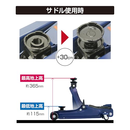 メルテック(meltec) 車用 油圧フロアージャッキ 2t ローダウン 最高値/最低値 335(365)/85(115)mm ジャッキタッチメント・サドル(30mmUP)付 Meltec FA-24 中間 画像