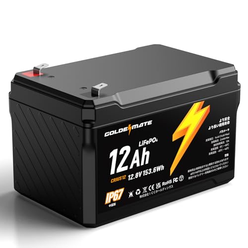 GOLDENMATE 12.8V 12Ah LiFePO4バッテリー リン酸鉄リチウムイオンバッテリー IP67防水 153.6Wh BMS内蔵 5000以上のサイクル 小型&軽量 高性能 電動車椅子 車中泊 サブ電源 非常用電源 ソーラー発電システム CRIUS12 画像1