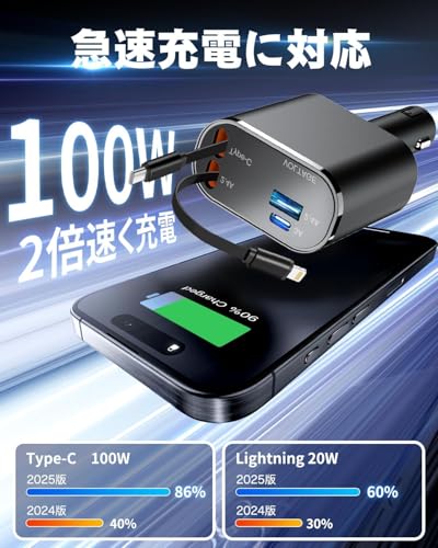 【2025年新進化 総139W・急速充電】シガーソケット USB 車 充電器 巻き取り式 4 in 1 カーチャージャー 4台同時使用 ケーブル 2本 Type-C/Lightning DC12/24V 車対応 多機種に対応 車載 カー用品 車用品 コンパクト（グレー） 中間 画像