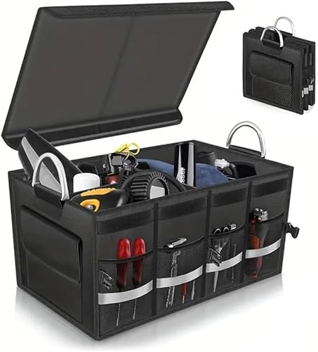 車用収納ボックス トランクボックス 52L大容量 折りたたみ可能 蓋付き ラゲッジルーム 収納 車用 収納ケース 1680Dオックスフォード トランク収納ボックス 仕切り付き 防水 滑り止め 持ち手付き (52Lタイプ) 画像1