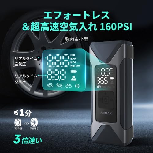 ASMAX 自転車 空気入れ 電動空気入れ バイク 車 エアーポンプ 2500mAh×3 大容量バッテリー 最大圧力160PSI タイヤ空気圧検知 50cmクイックリリースエアホース 自動停止 米式/仏式/英式 浮き輪バルブ対応 モバイルコンプレッサー 充電式 T10 最後 画像