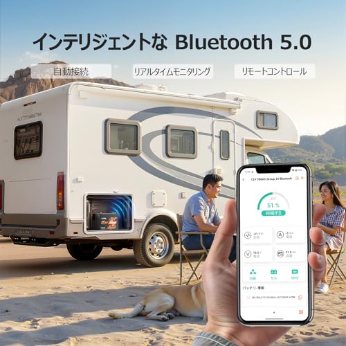 LiTime 12V 100Ah リン酸鉄リチウムイオンバッテリー Bluetooth機能 リアルタイム情報表示対応 リモート操作可能 小型 Group24サイズ 1280Wh電力量 100A充放電電流 4000～15000回サイクル LiFePO4 低温保護 キャンピングカー、車中泊、サブバッテリー、ソーラーシステム、エレキモーター、トローリングモーター、オフグリッドに適用 中間 画像