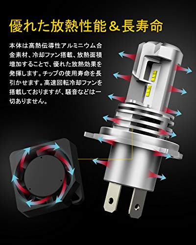 AUXITO H4 Hi/Lo LEDヘッドライト 車用 新基準車検対応 ZES LEDチップ搭載 3倍明るさUP ほぼ純正ハロゲンサイズの登場 高輝度 6500K 12V車対応(ハイブリッド車・EV車対応) 定電流回路搭載 長寿命 高速回転冷却ファン付け 放熱性抜群 静音 瞬間起動 2個入り ホワイト 販売者3年保証 - M3H4 中間 画像