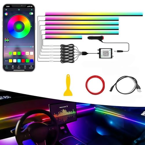 車用LEDテープライト【2025年モデル】アンビエントライト LEDテープ ガー式 RGB 高輝度 16000色 雰囲気 無段階調光 音による変色 車内装飾 足元灯 車用 ダイナミック フルカラー 流れる光デザイン 多色切り替え機能搭載 アプリ操作 (6IN1) 画像1