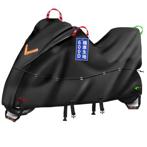 Bst Jyob バイクカバー オックス600D 厚手 【バイク専門家監修 防風プロテクション 強風に負けない】 丈夫 防風 防炎 極耐熱 防水 撥水 強紫外線防止 盗難防止 スクーター/原付/125cc/250cc用/400cc用/小型/普通/大型/軽二輪など リアbox対応2XL：全長245*前高125*リア高120 画像1