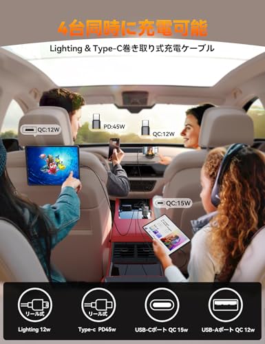 【巻き取り式】JOYROOM 巻き取り式充電ケーブル 車 シガーソケット 車載充電器 84W【4台同時充電可能・超コンパクト設計】 カーチャージャー 急速充電 Type-C 12V/24V対応 iPhone/Android/MacBook Air/iPad対応 中間 画像