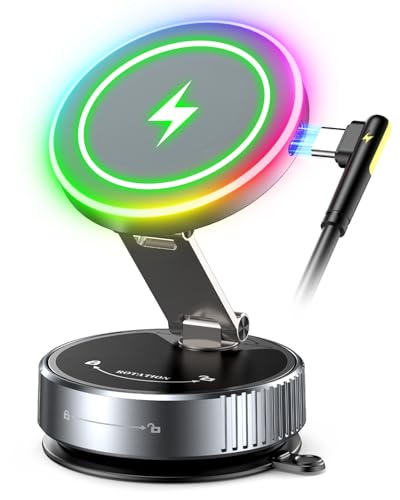 スマホホルダー 車 ワイヤレス充電【2026初登場・話題中】車スマホスタンド マグネット 15W急速充電 Mag-safe対応 N55超強磁力 真空吸盤 360° 回転 多角度調整 LEDライト 高級合金素材 折りたたみ式車載用ホルダー iPhone/Android全対応 画像1