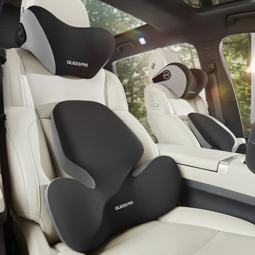 【2026年先行発売】腰クッション ランバーサポート ファッション背もたれ 車 ウェストクッション 着座 アップグレード ハイエンド 10000回の圧縮テスト アップグレード 内部のメモリーフォームで ウェストクッション 低反発 腰枕 通気性 人間工学 腰サポート 体圧分散 横ずれ防止バンド付 調整可能 洗濯可 (ヘッドレスト＆ロンバーサポートセット)（ブラック×グレー） 画像1