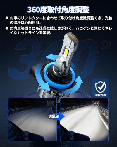 Marsauto H11 led ヘッドライト 爆光 28000LM 車検対応 H11 ledバルブ 一体型 ハロゲンサイズ ファンレス 高光効LEDチップ搭載 6000Kホワイト DC12V 無極性 取り付け簡単 長寿命 車/バイク用 静音 M1S-H11 中間 画像