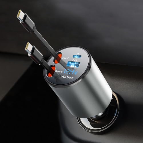 【巻き取り式・USB-C＆USB-C】VIKNAN 巻き取り式充電ケーブル 車 充電器 タイプc シガーソケット 4台同時充電可能 車載充電器 カーチャージャー 急速充電 12V/24V対応 iPhone/Android対応 ハイエース ジムニー アクセサリー対応 画像1