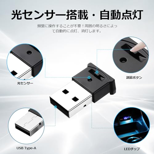 GIMUYA USB ライト LED 車内用 Type-A 8色 メモリー機能 自動点灯 調光機能 アンビエントライト 雰囲気ライト RGB USB給電 イルミネーション ミニライト 小型 軽量 車アクセサリー 簡単取付 2個入り 最後 画像
