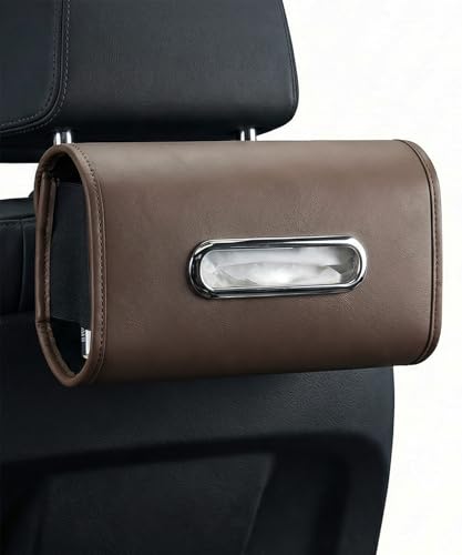 車用 ティッシュケース 【全車種対応】 ティッシュボックス 車載 ティッシュカバー PUレザー スリム 大容量 BOXティッシュ対応 ヘッドレスト取付 サンバイザー対応 車内収納 付属フック付き おしゃれ 車用品 (ブラウン) 画像1